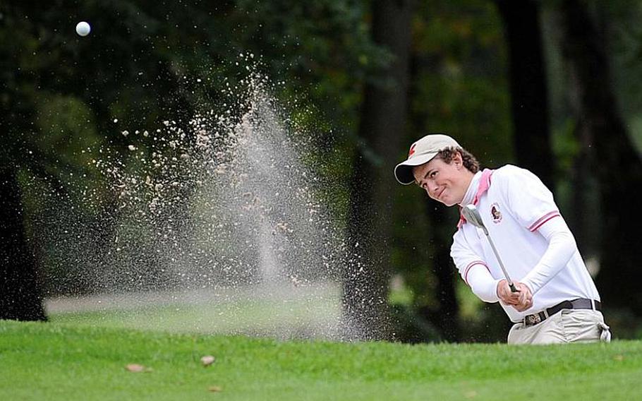 Kaiserslautern's Mackenzie Bradley chips out of the sand on his way to winning the 2010 DODDS-Europe boys golf title at Wiesbaden's Rheinblick Golf Course on Friday. Bradley scored 85 modified Stableford points over the two days, to finish ahead of teammate Caleb Hayes and Mike Baltich of Heidelberg.