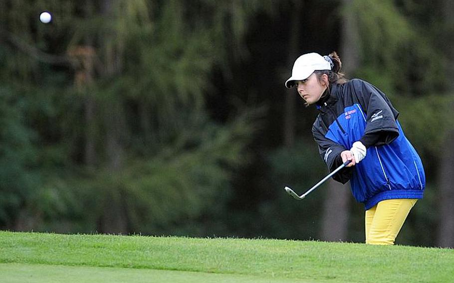 Ramstein's Elizabeth Ward chips onto the green on the final day of the 2010 DODDS-Europe golf championships in Wiesbaden, Germany, on Friday. Ward, the 2008 champion, took the girls title, scoring 62 modified Stableford points to beat out defending champion Hollie Salvo of Wiesbaden and Vilseck freshman Lauren Zachar.