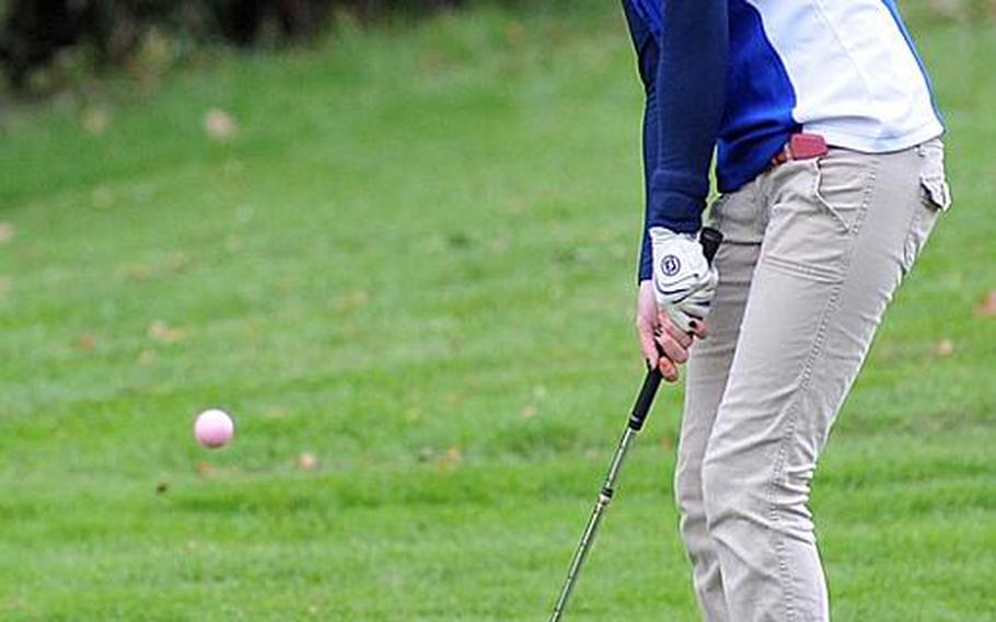 Wiesbaden's Hollie Salvo follows her chip on the final day of the 2010 DODDS-Europe golf championships in Wiesbaden, on Friday. Salvo, the 2009 champion, took second behind Elizabeth Ward of Ramstein.
