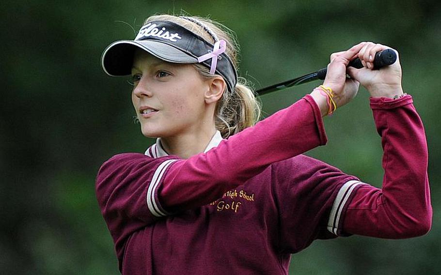 Lauren Zachar follows her tee shot on 15 during final-day action at the 2010 DODDS-Europe golf championships in Wiesbaden, on Friday. The Vilseck freshman finished third with 39 modified Stableford points, behind Elizabeth Ward of Ramstein and Hollie Salvo of Wiesbaden.