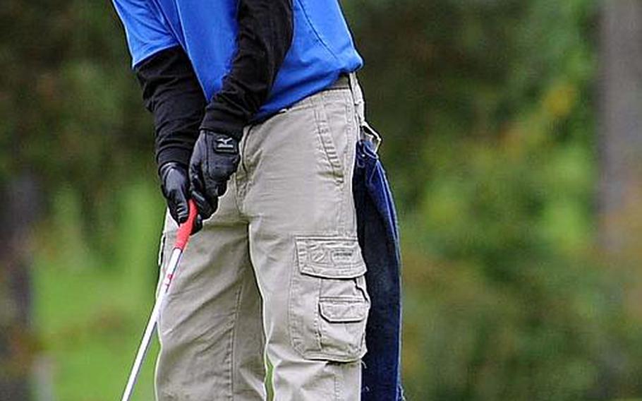 Bitburg freshman Tyler Gillespie watches his uphill putt on the final day of the 2010 DODDS-Europe golf championships in Wiesbaden, on Friday. Gillespie finished 10th.