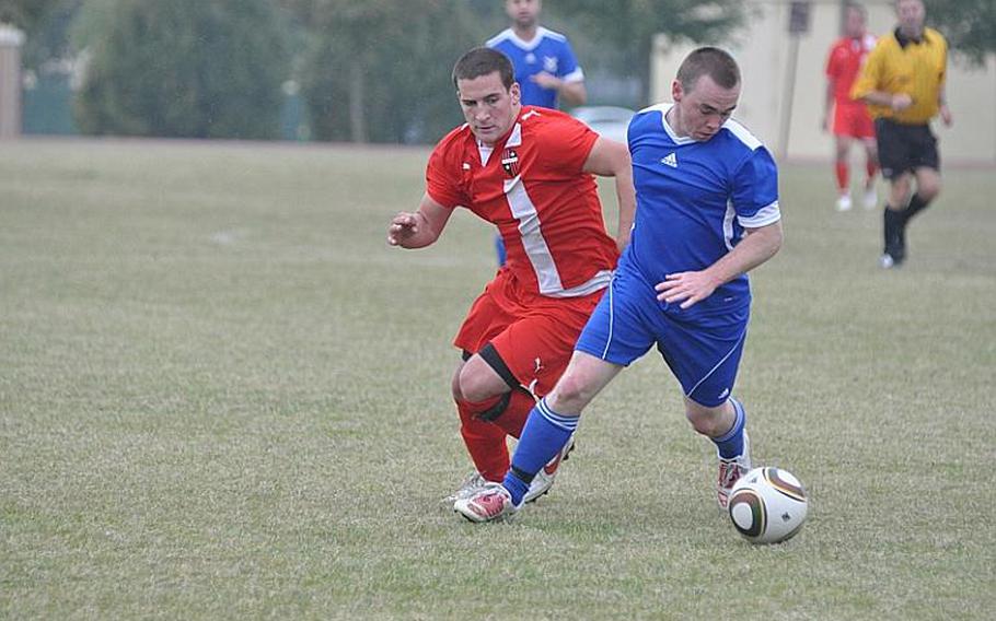 Lakenheath&#39;s Nate Harris and Aviano&#39;s Luke Mornini battle for the ball in the second half of Sunday&#39;s championship game of the U.S. Forces-Europe Soccer Championship. Mornini would score the game winner for Aviano a few minutes  later.