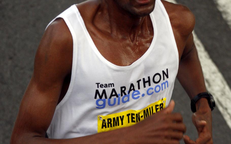 Alene Reta, a native of Ethiopia now living in Manhattan, heads for his second consecutive victory in the Army Ten-Miler.