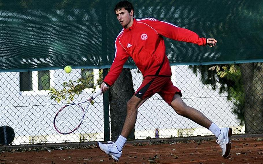 Ajdin Tahirovic reaches for a running forehand during a practice tennis match on Patch Barracks on Tuesday. The Patch freshman is the top seed in this week's DODDS-Europe tennis championships.