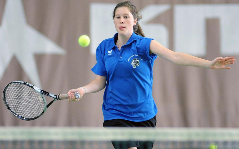 Casey Leon of Hohenfels keeps her eyes on the ball as she prepares to return a shot by AOSR's Carli Arza during a quarterfinal match at the DODDS-Europe tennis championships in Wiesbaden, Germany, on Friday. The unseeded Leon lost the the tourney's second seed, 3-6, 0-6.