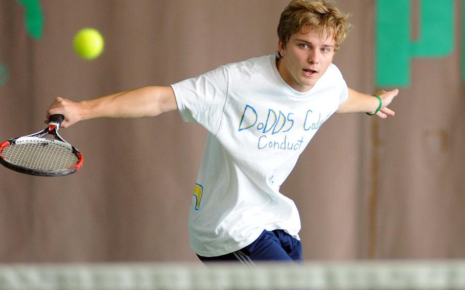 Eighth-seeded James Chase of Heidelberg watches his return of a Ajdin Tahirovic shot sail across the net in a quarterfinal match at the DODDS-Europe tennis tournament in Wiesbaden, Germany, on Friday. Chase lost to the top seed from Patch 0-6, 1-6.