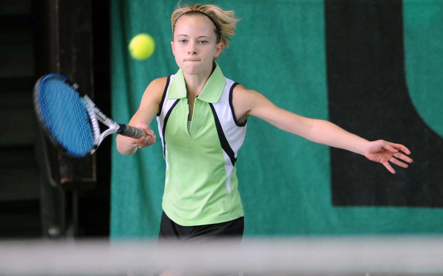 Bitburg's Kaitlyn Miller runs down a ball from International School of Brussels' Sayaka Goto during the DODDS-Europe championship tennis tournament Friday. Miller, the tourney's fifth seed, lost to the fourth-seeded Goto 1-6, 5-7.