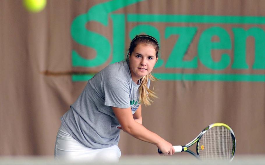 Heidelberg's Paige Chase watches her serve to SHAPE&'s Svenja Jansen cross the net in their quarterfinal match at the DODDS-Europe tennis tournaments in Wiesbaden, Germany, on Friday. Chase won 6-2, 6-2.