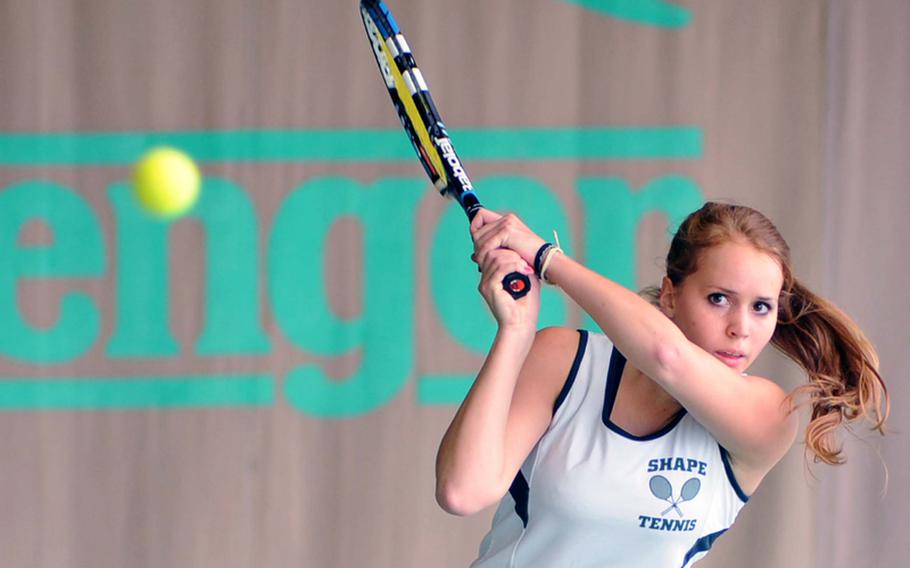 Svenja Jansen returns a shot form Heidelberg's Paige Chase in their quarterfinal match at the DODDS-Europe tennis tournament  in Wiesbaden, Germany, on Friday. Chase beat Jansen 6-2, 6-2.