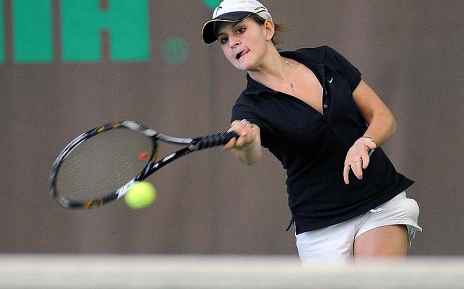 Top-seeded Ginevra Bolla of Marymount returns a shot on her way to a three-set win against ISB&'s Sayka Goto, the fourth seed, and a spot in Saturday's girls final against Heidelberg's Paige Chase. Bolla won the match 3-6, 6-3, 6-1.