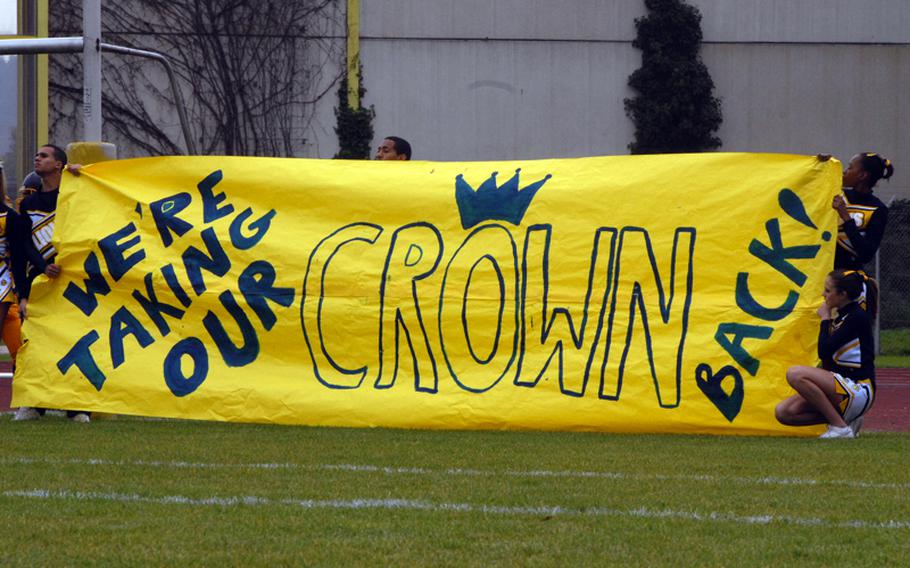 A sign held up by Heidelberg team supporters prior to the Lions' 36-7 win over Ramstein, the defending Division I football champs.