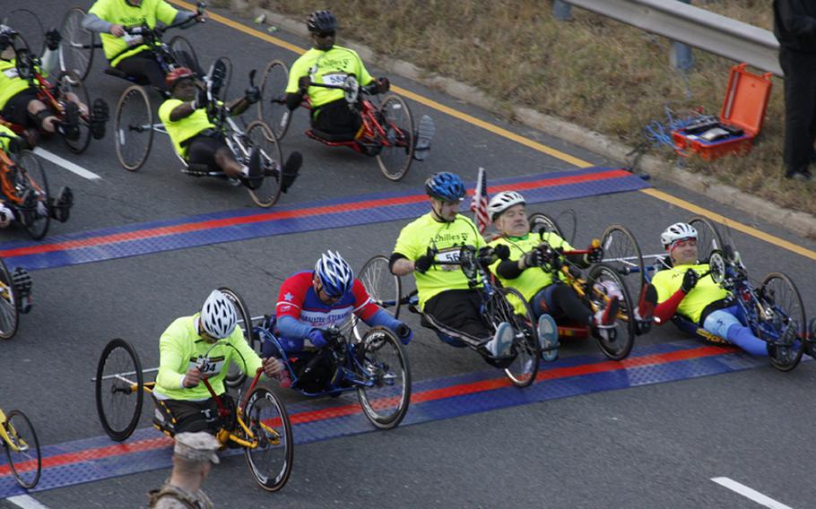 The start of the hand cycle race.