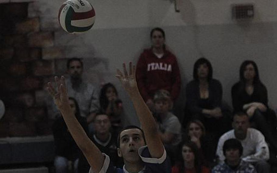 Marymount International setter Dimitije Miskovic sends the ball toward the net Saturday in the finals of the DODDS-Europe boys volleyball championships at Aviano Air Base in Italy. The Royals fell to the host Saints 25-23, 25-22, 23-25, 25-19.