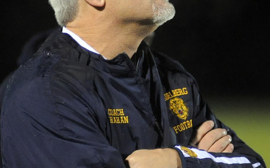 Heidelberg head football coach Brad Shahan watches his team play in the DODDS-Europe Division I football championship game against Wiesbaden on Saturday night.