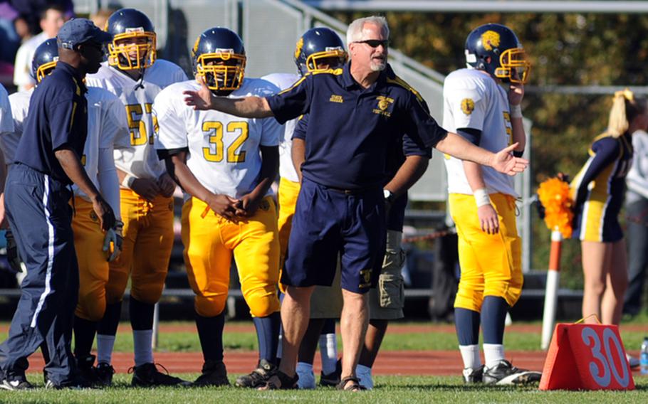 Heidelberg head football coach Brad Shahan talks to the referee towards the end of the controversial game at Wiesbaden on Oct. 9. Just days after leading his team to the DODDS-Europe Division I football crown, Shahan announced Tuesday that school leadership has decided to remove him from the position he's occupied for 15 years.