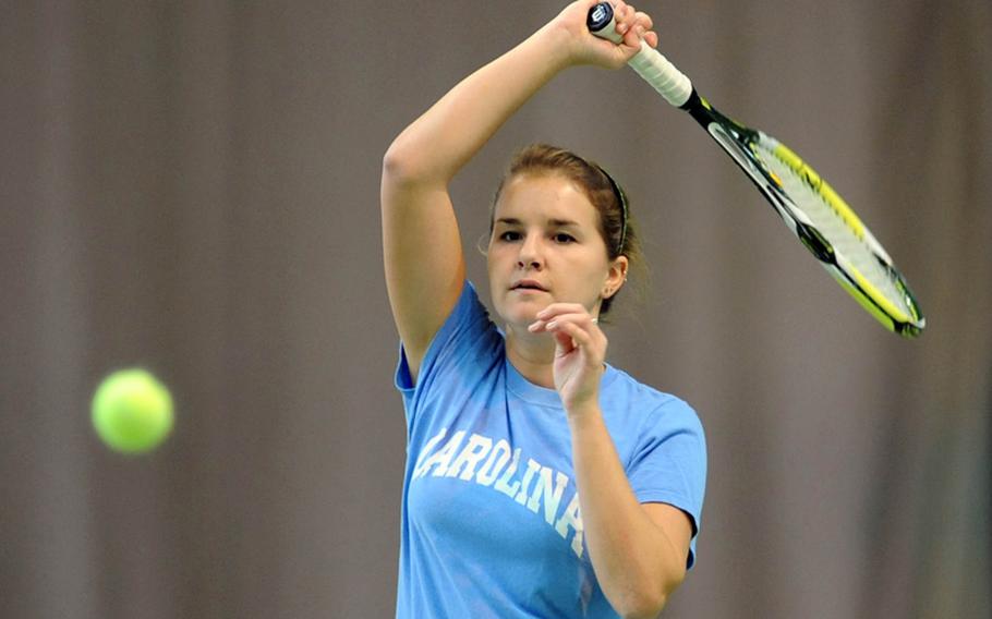 Heidelberg's Paige Chase watches her return sail over the net in the girls final at the DODDS-Europe tennis championships in Wiesbaden, Germay, on Oct. 30. Chase is the Stars and Stripes girls tennis player of the year for Europe.