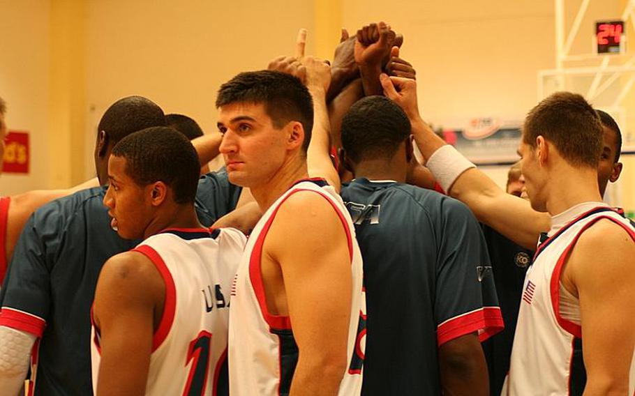 The U.S. gets ready to take the floor at the start of the second half during its 103-62 win over the United Kingdom in the SHAPE International Basketball Tournament on Wednesday.