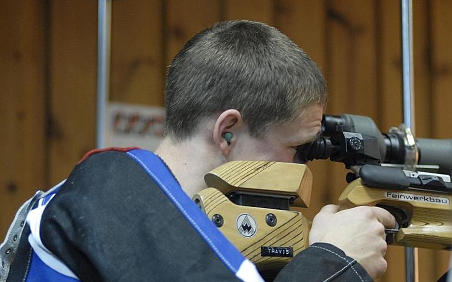 Mannheim sophomore Zeb Graves takes aim at the targets  at Saturday's high school marksmanship match at Heidelberg High School. Mannheim placed third in the three-team competition; a fourth team, Baumholder, was unable to attend and will shoot at home and send in its scores later.