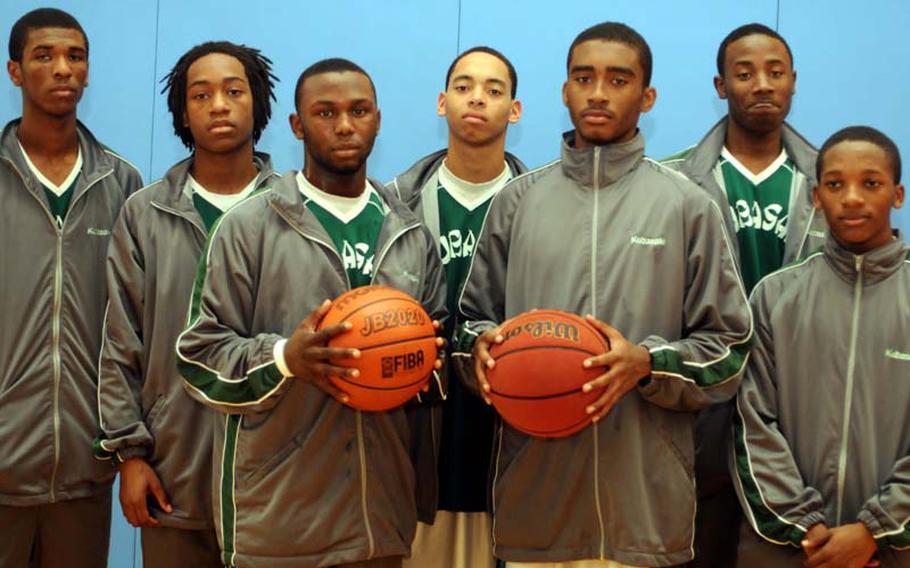 From left, junior Brandon Crawford, junior C.J. Crenshaw, freshman Jarrett Mitchell, junior B.J. Simmons, junior Ryan Jackson, junior Xavier Price and sophomore Cartes Shelton are seven of eight players on the Kubasaki Dragons' varsity who plan to return for next season as well.