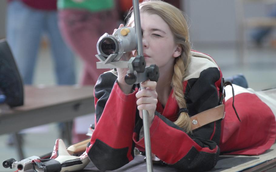 Patch junior Mercedes Romih checks where her shots landed during the 2011 DODDS-Europe marksmanship championships at Baumholder, Germany. Patch, the two-time defending champs, finished third in the tournament.