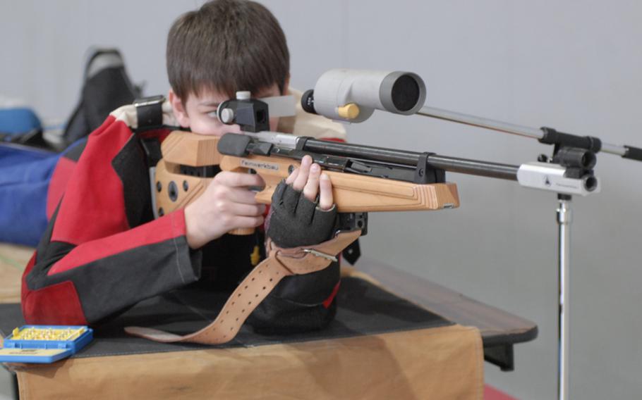 Vilseck sophomore Ocean Yales shoots from the prone position at Saturday's DODDS-Europe marksmanship championships at Baumholder, Germany. Vilseck finished second in the tournament, 17 points behind champion Hofenfels.