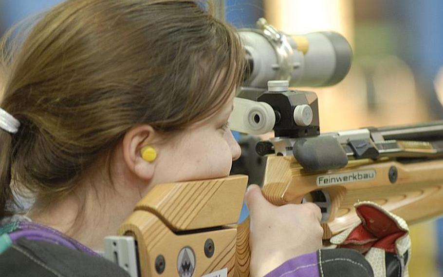 Heidelberg senior Katelyn Bronell takes aim at the 2011 DODDS-Europe marksmanship championships at Baumholder High School.  Bronell led all shooters with 281 points on the day.