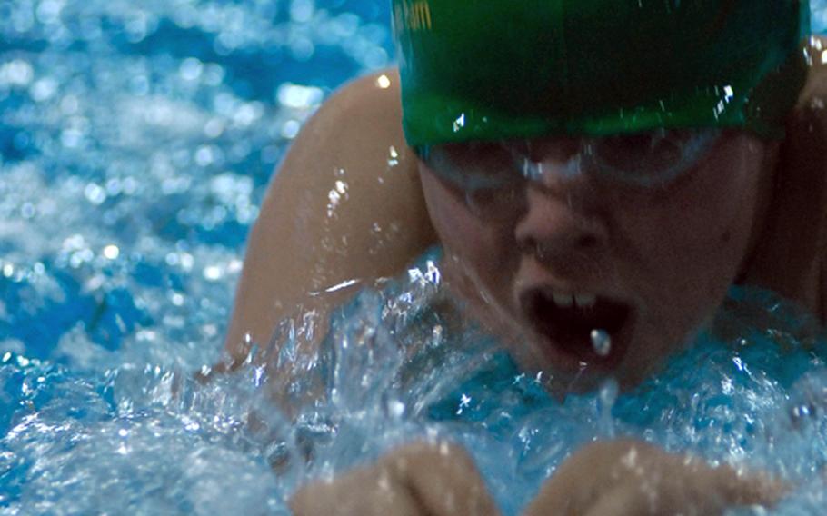 Gregor Heim, 9, of the SHAPE Seals swims to victory in the boys 9-year-old 100 meter individual medley during the opening-day of the 2011 European Forces Swim League Championships at Eindoven, Netherlands.