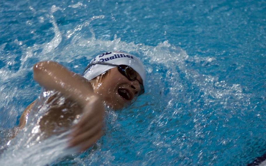 Andrew Hokaj, 13, with the Kaiserslautern Kingfish cruises along in the 100-meter freestyle at Saturday's opening day of the 2011 European Forces Swim League championships at Eindoven, Netherlands.