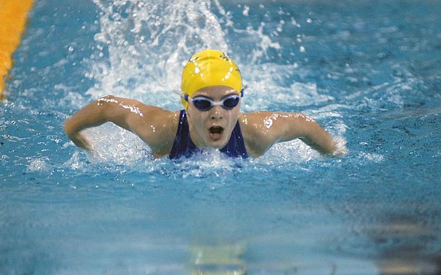 Hallie Kinsey,10, with the Sigonella Swordfish starts her swim during the 200-meter individual medley Sunday at the 2011 European Forces Swim League Championships at Eindoven, Netherlands.
