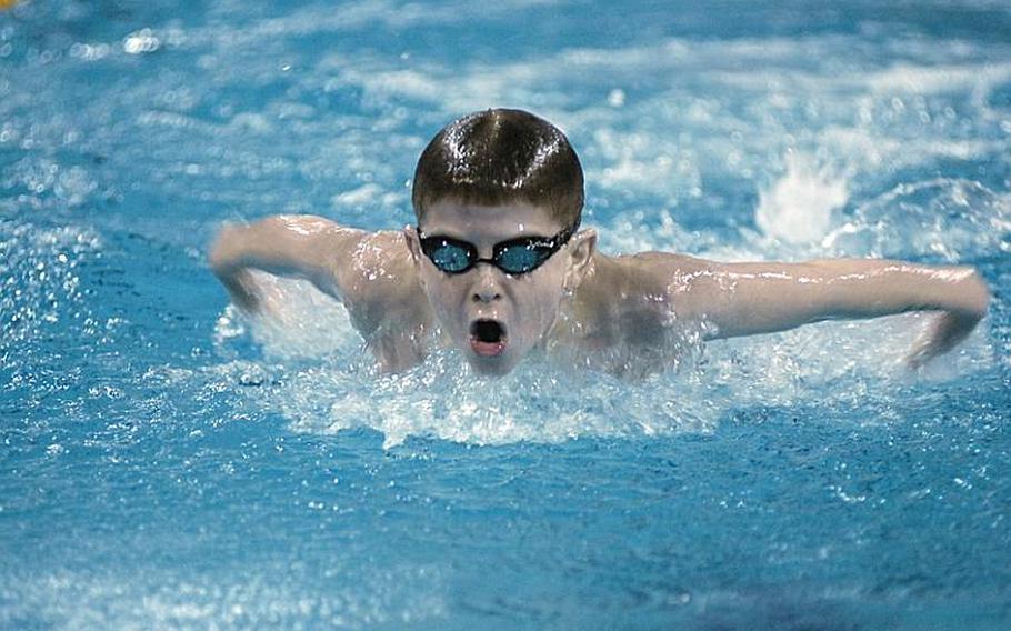 Daniel Orcutt, 12, with the Lakenheath Barracuda  swims to a first place finish at Sunday's European Forces Swim League championships at Eindhoven, Netherlands.  Orcutt took gold in the event with a time of 2 minutes, 45.16 seconds.