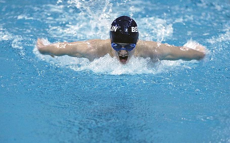 Philipp Hegner, 15, with the Berlin Bear-A-Cudas competes in the 200-meter individual medley at Sunday's European Forces Swim League championships at Eindhoven, Netherlands.