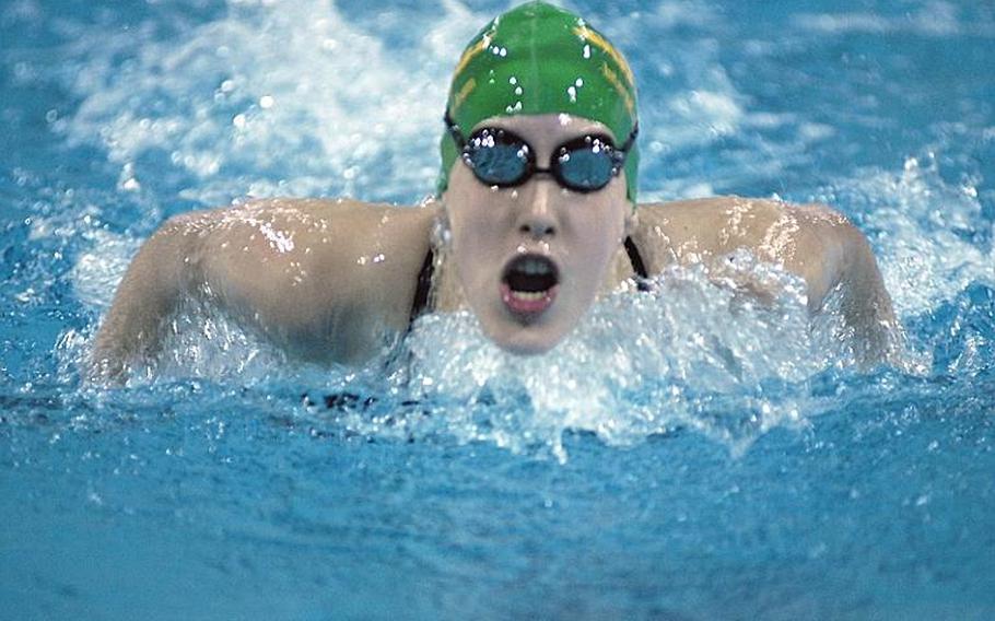Kerri-Ann Allan, 18, with the SHAPE Seals, takes a breath during the butterfly at Sunday's final swims of the European Forces Swim League championships at Eindhoven, Netherlands.  Allan went on to score 131 points for SHAPE and was top scorer for her age bracket.