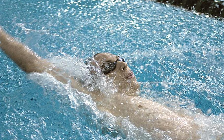 Reid Aldous, 18, with the Heidelberg Sea Lions, cruises during the 100-meter backstroke event during the 2011 European Forces Swim League championships.  The meet at Eindhoven, Netherlands concluded on Sunday.