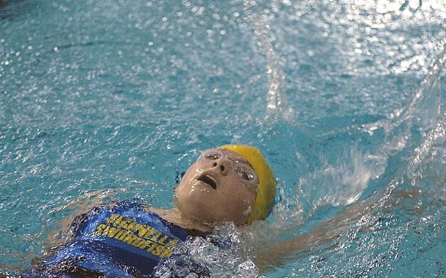 Madelyn Coon, 12, with the Sigonella Swordfish starts on the 50-meter backstroke at the 2011 European Forces Swim League championships Sunday at Eindhoven, Netherlands.