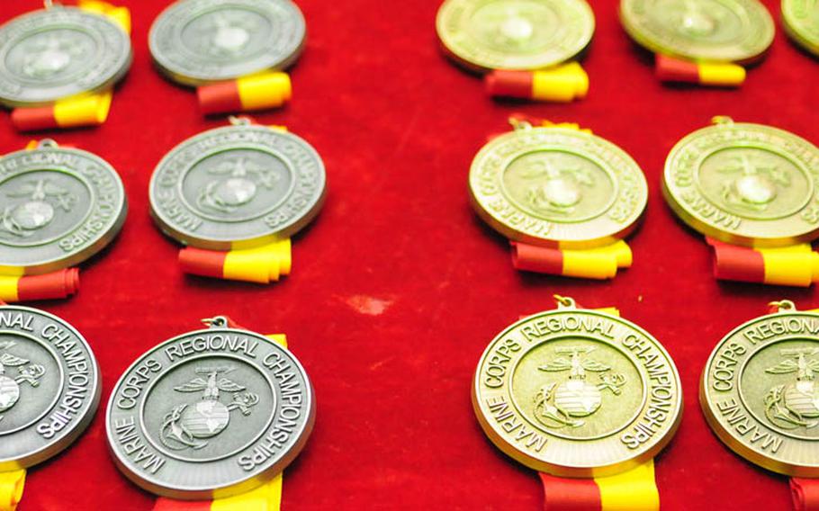 The medals for the winners and runners-up of the Far East Regional Basketball Tournament Friday at Marine Corps Air Station Futenma.