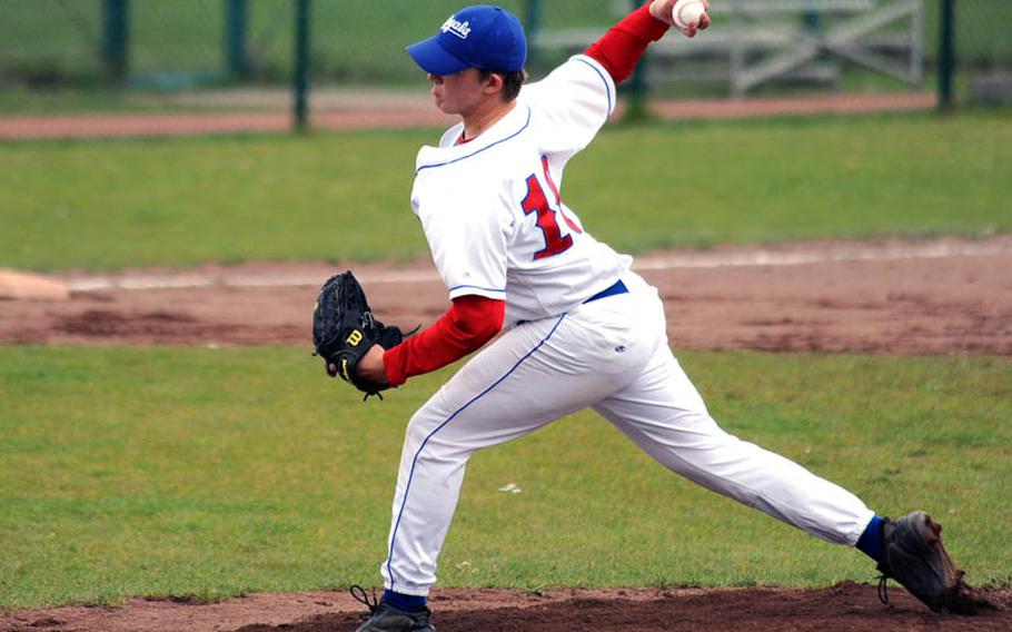 Ramstein hurler Jon Groteleuschen, a strikeout pitcher, delivers during a victory against SHAPE last year. He is one of the players expected to keep Ramstein in the hunt for the DODDS-Europe crown.
