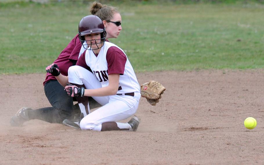 AFNORTH's Taylor BonenClark reaches second base as Baumholder's Wende Bryan waits for the throw. AFNORTH swept a doubleheader from Baumholder, 16-6 and 19-12, on opening day of the 2011 season.