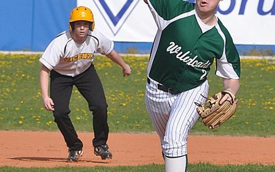 Naples pitcher Matt Gardner hurls a pitch toward home Friday in the Wildcats' 17-0 victory over Vicenza. Gardner, who struck out eight in four innings, and Paul Tranoris combined for a five-inning no-hitter in the first game of a doubleheader.