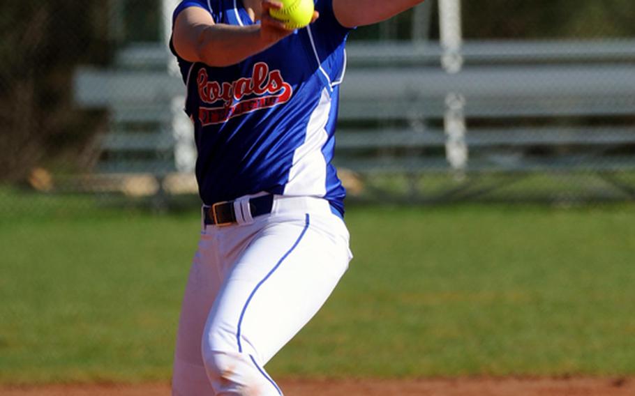 Ramstein's Kelsey Freeman pitched a no-hitter in her team's 11-0 win over Kaiserslautern in the first game of a doubleheader in Ramstein on Saturday. Ramstein finished off  the sweep in the nightcap with a 20-7 win.