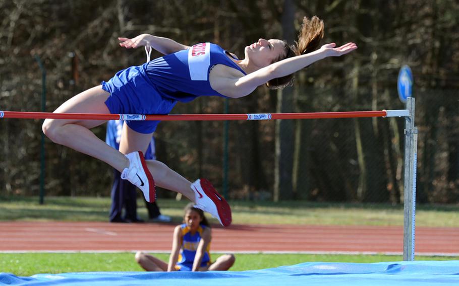 Ramstein's Tara Lookabough won the girls high jump in the track-and-field meet at Ramstein on Saturday with a leap of 5-05. Complete results of the meet were not available Saturday evening.