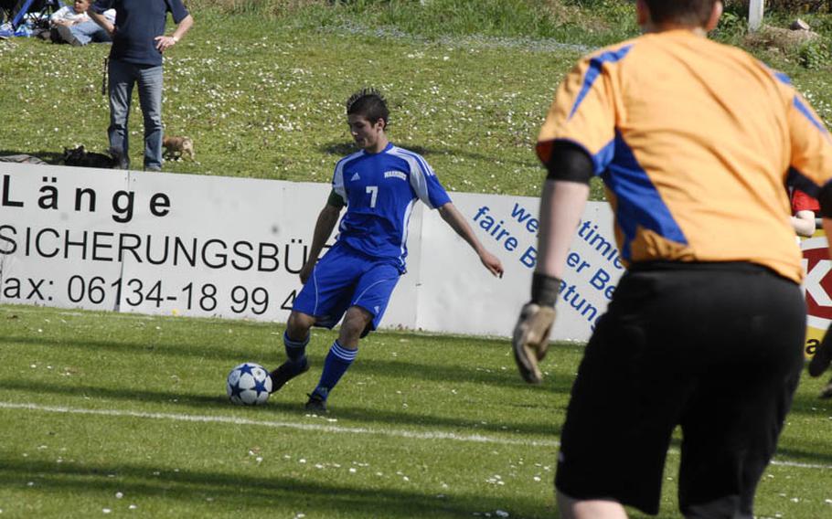 Wiesbaden senior Drew Polson lines up a shot as Kaiserslautern senior goalie Mitchell Lorish gets ready for a potential save during a 1-1 draw Saturday at the Stadion In der Witz in Mainz-Kastel, Germany.