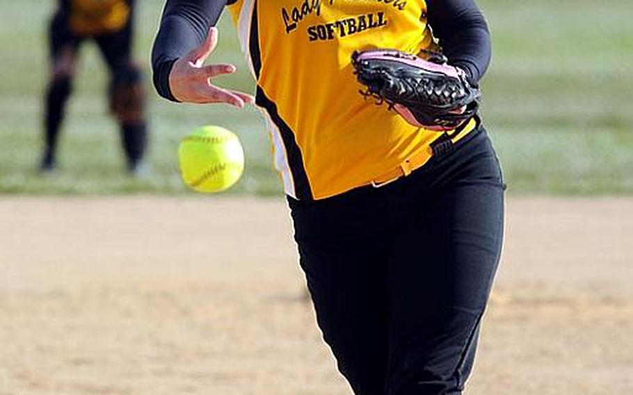 Kadena Panthers right-hander Lauren Youngs delivers against the Kubasaki Dragons during Wednesday's Okinawa Activities Council girls softball game at Camp Foster, Okinawa. Young pitched a five-inning complete game, giving up just two hits, one unearned run and three walks while striking out eight and helped herself with two hits and two RBIs as the Panthers routed the Dragons 17-1 in a run-rule-shortened game. 