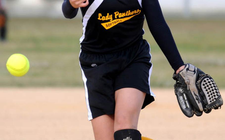 Kadena sophomore right-hander Kelly Kaneshiro delivers against Kubasaki during Thursday's Okinawa Activities Council girls softball game at Ryukyu Middle School, Kadena Air Base, Okinawa. Kaneshiro pitched a two-hit shutout and the Panthers beat the Dragons, 12-0, in a five-inning, run-rule-shortened contest.