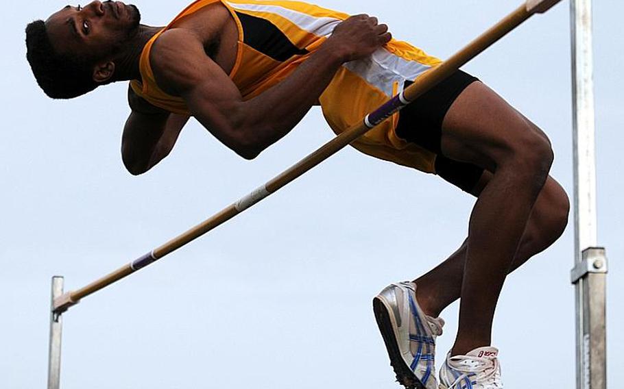 Kadena senior Lotty Smith clears the bar at 6 feet, 6 inches, or 1.98 meters, during Friday's field events in the Okinawa Activities Council weekly quadrangular track and field meet at 'Kubasaki High School, Okinawa. Smith and Kubasaki's Conor MacMannis each cleared 1.98, topping the old Pacific record of 1.97 set in 2005 by Kadena's Marquis Newton.