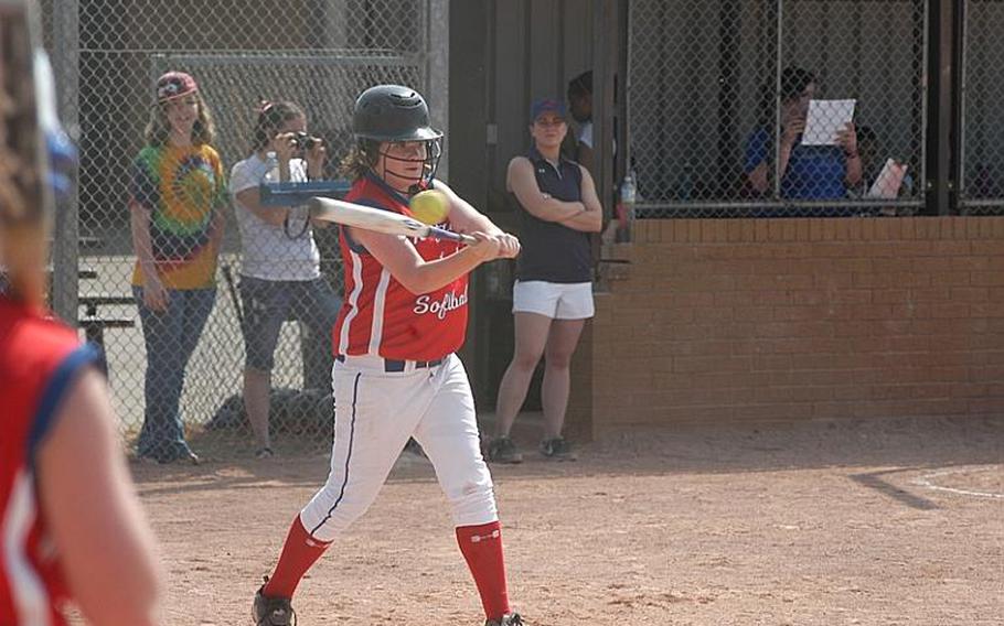 Ramstein's Marrisa Haines connects for a base hit during the sixth inning of Game 1 against the Lakenheath Lancers, Saturday in England. Haines had two of the 20 at-bats in the sixth inning where the Lady Royals scored fourteen runs.