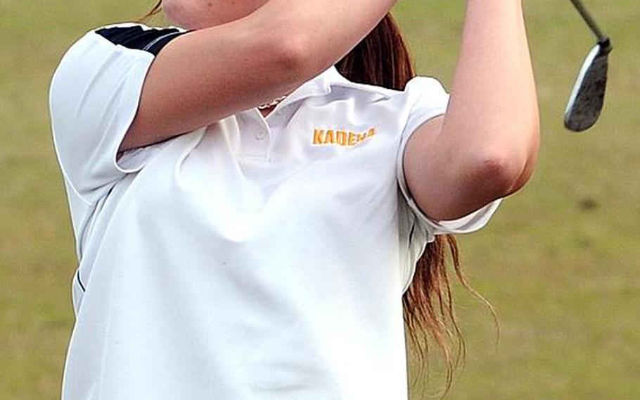 Kadena Panthers senior golfer Landis Mathis watches her approach shot during Wednesday's Day 2 action in the 2011 Okinawa Activities Council district golf championships at the 6,645-yard, par-72 Taiyo Golf Course, Gushikawa, Okinawa. Mathis carded a 94 to finish with a two-day total of 201, 57 over par and 21 shots ahead of runner-up Terah Whitehurst of Kubasaki.