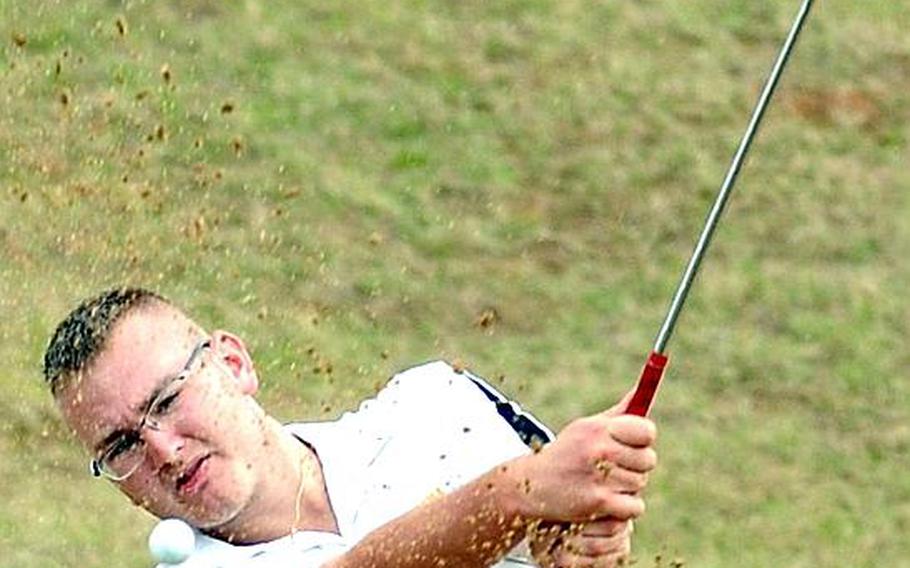 Kadena Panthers Greg Webb blasts out of a bunker during Wednesday's Day 2 action in the 2011 Okinawa Activities Council district golf championships at the 6,645-yard, par-72 Taiyo Golf Course, Gushikawa, Okinawa. Webb carded a 30-over 102 and finished with a two-day total of 203, good for third place, 40 shots behind two-time island champion and Kadena senior teammate Reid Henderson.