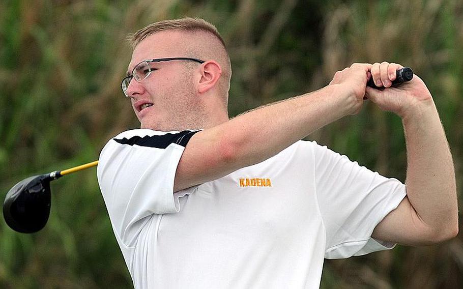 Kadena Panthers golfer Greg Webb eyes his tee shot during Wednesday's Day 2 action in the 2011 Okinawa Activities Council district golf championships at the 6,645-yard, par-72 Taiyo Golf Course, Gushikawa, Okinawa. Webb carded a 102 to finish with a two-day total of 203, third place and 40 shots behind two-time island champion and Kadena senior teammate Reid Henderson.