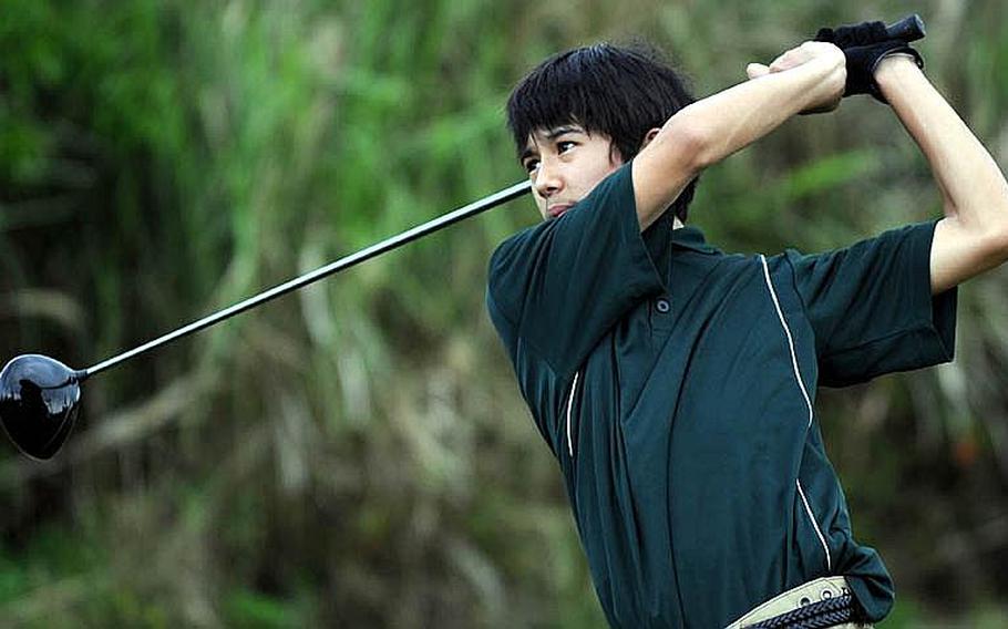 Kubasaki Dragons freshman golfer Matthew Duffy eyes his tee shot Wednesday's Day 2 action in the 2011 Okinawa Activities Council district golf championships at the 6,645-yard, par-72 Taiyo Golf Course, Gushikawa, Okinawa. Duffy carded a 93 and finished with a two-day total of 184, second place and 21 shots back of two-time island champion and Kadena senior Reid Henderson.