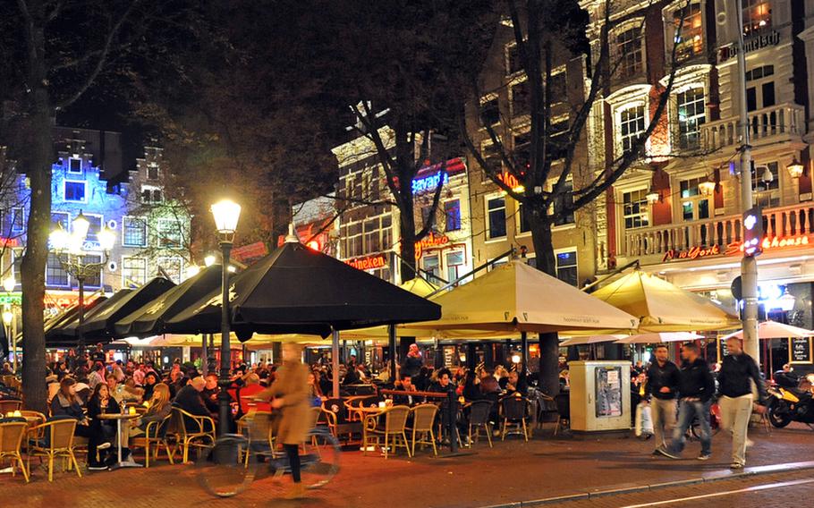 The bar and restaurant-lined Leidseplein, full on an early spring evening, is popular with tourists and locals alike.